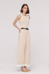 High-Rise Beige Wide-Leg Cropped Jeans with Belt