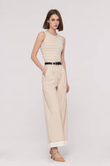 High-Rise Beige Wide-Leg Cropped Jeans with Belt