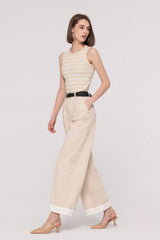High-Rise Beige Wide-Leg Cropped Jeans with Belt
