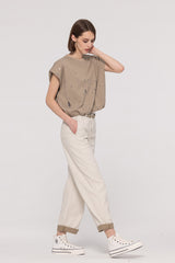 Two-Tone Belted Wide Leg Jeans